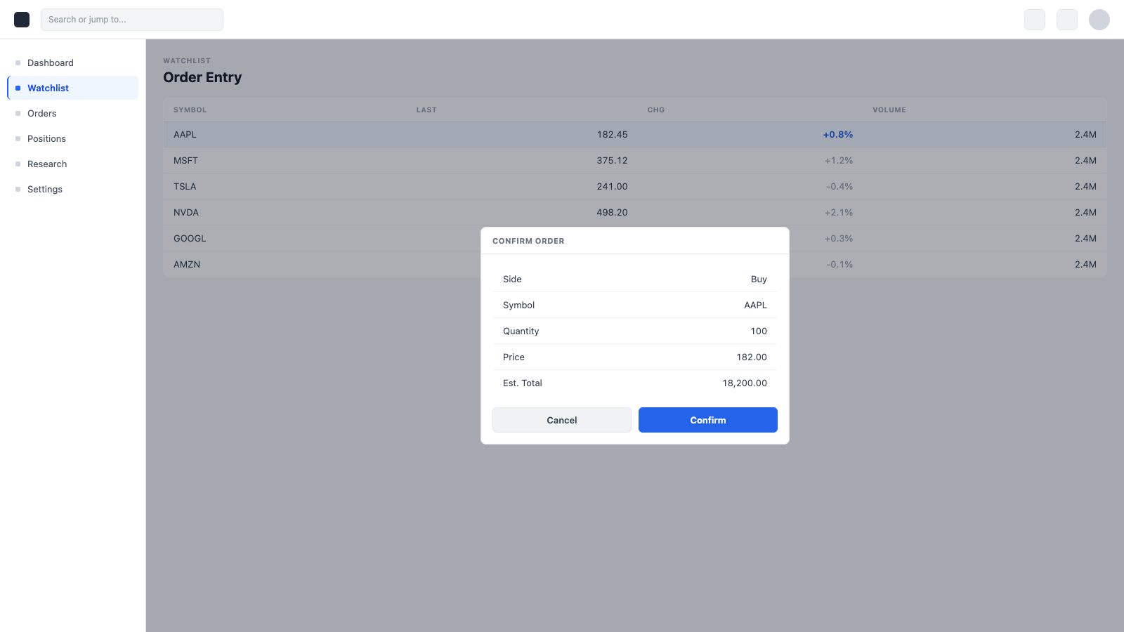 Trade confirmation dialog summarizing order details before submit