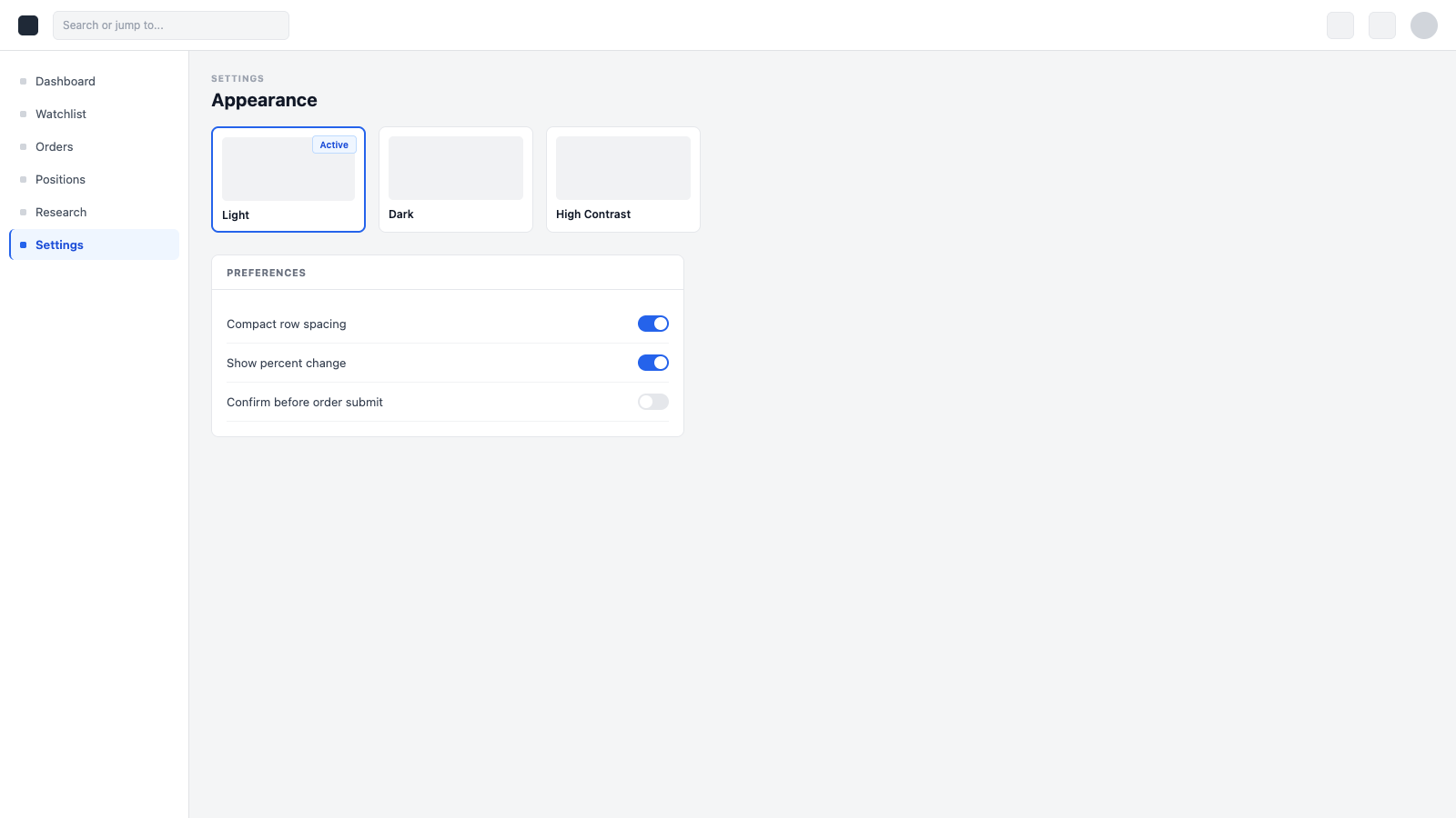 Appearance settings with Light, Dark, and High Contrast theme options